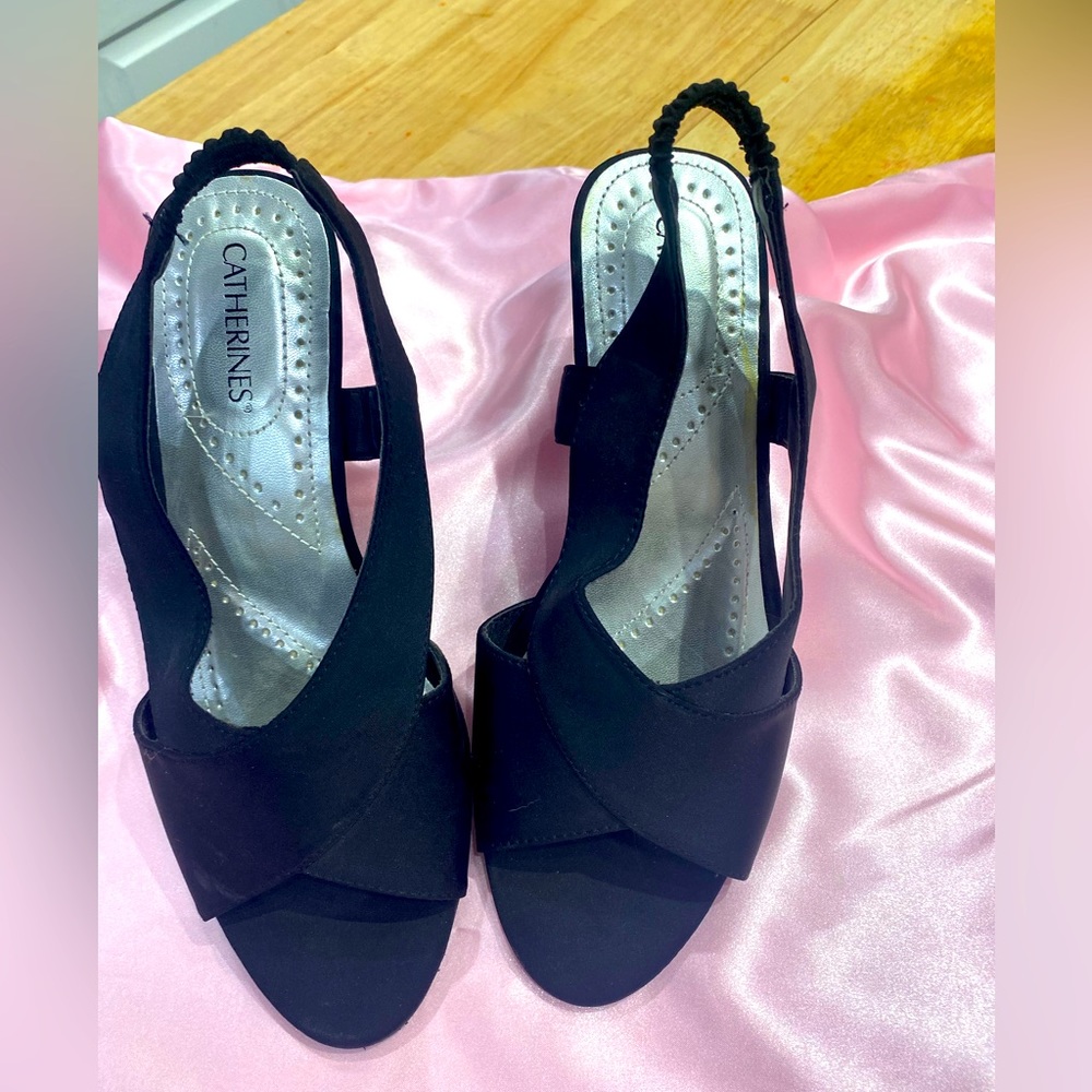 Dark blue open toed sling backs